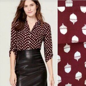Ann Taylor LOFT Acorn Print Button Down Shirt Cranberry, Size Long Torso, Medium